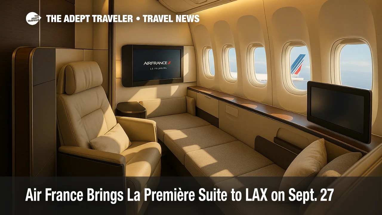 Air France La Première suite on a Boeing 777-300ER, showing seat and chaise longue layout for the new LAX-Paris first-class experience.