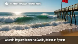 Long-period Atlantic hurricane swell rolling toward a Carolina pier with a red warning flag, highlighting rip-current risk from the Atlantic tropics.