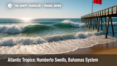 Long-period Atlantic hurricane swell rolling toward a Carolina pier with a red warning flag, highlighting rip-current risk from the Atlantic tropics.