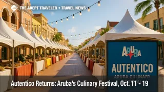 Open-air pavilion in downtown Oranjestad during the Autentico Aruba Culinary Festival, with vendor tents and lights showcasing Aruba food festival energy.