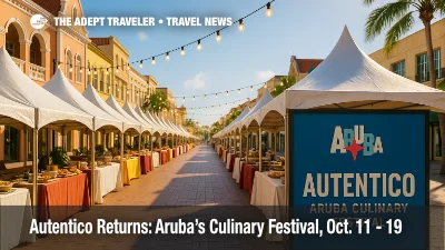 Open-air pavilion in downtown Oranjestad during the Autentico Aruba Culinary Festival, with vendor tents and lights showcasing Aruba food festival energy.