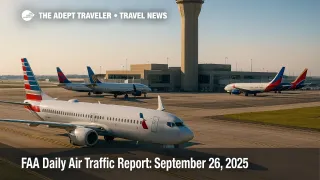 Airfield view with multiple jets taxiing past a control tower as delays loom, illustrating the FAA daily air traffic report and ground delay program risk.