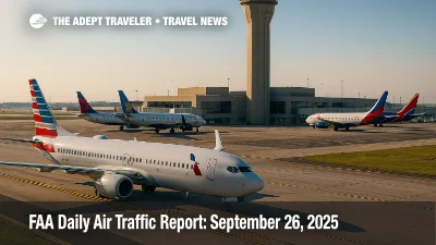 Airfield view with multiple jets taxiing past a control tower as delays loom, illustrating the FAA daily air traffic report and ground delay program risk.