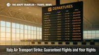 Departures board with delays and cancellations at an Italian airport during the Italy air transport strike, highlighting guaranteed flights and EU261 rights.