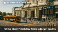 Police cordon and diverted buses outside a busy Italian rail hub, with travelers rerouting, during Italy rail station protests.