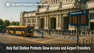 Police cordon and diverted buses outside a busy Italian rail hub, with travelers rerouting, during Italy rail station protests.