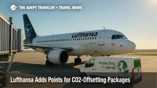Lufthansa jet at a boarding gate with eco-service equipment, illustrating Miles & More CO2-offsetting packages and Green Fares incentives.