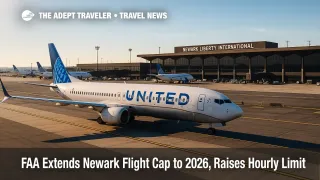 United jet taxiing at Newark Liberty International Airport as the FAA extends the Newark flight cap and raises the hourly limit to 72.