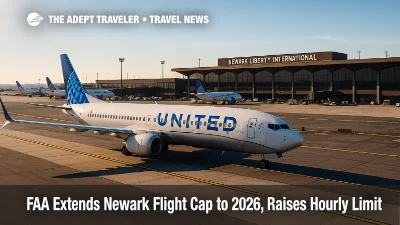 United jet taxiing at Newark Liberty International Airport as the FAA extends the Newark flight cap and raises the hourly limit to 72.