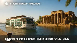 A boutique five-star Nile cruise ship glides past Luxor Temple at golden hour, illustrating luxury private Egypt tours with riverfront heritage views.