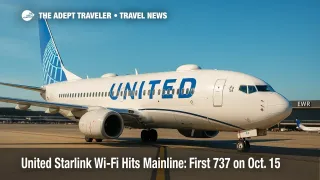 United Airlines 737-800 at EWR shows low-profile Starlink radome as United Starlink Wi-Fi expands from regional jets to mainline service.