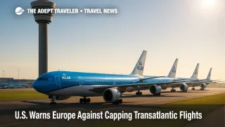 Amsterdam Schiphol ramp with KLM wide-bodies near the control tower, illustrating policy debates over transatlantic flights and possible capacity caps.