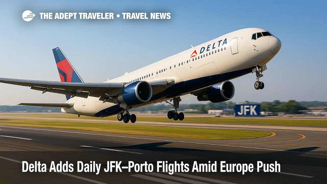 Delta 767-300ER departing JFK under clear skies, illustrating new daily JFK to Porto flights and expanded European routes.