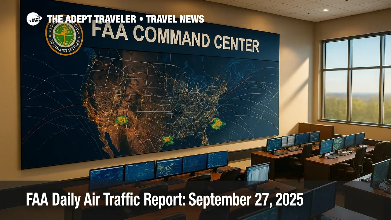 Wide view of FAA Command Center screens showing storm tracks and reroutes, illustrating Ground Delay Program risk in the FAA daily air traffic report.