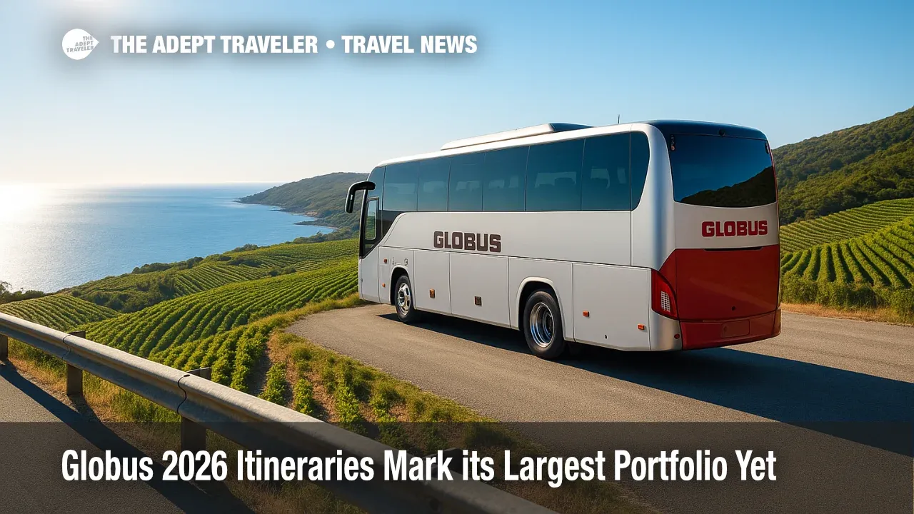 A modern touring coach overlooks coastal vineyards under clear skies, illustrating Globus 2026 itineraries and new Small Group Discovery tours.