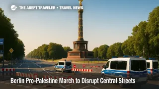 Police vehicles and barriers near Großer Stern signal rolling road closures during a Berlin pro-Palestine demonstration, advising travelers to use S-/U-Bahn.