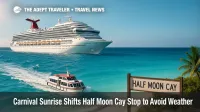 Carnival Sunrise tenders approach Half Moon Cay under building seas as Bahamas cruise weather prompts an itinerary change this weekend.