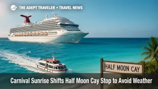 Carnival Sunrise tenders approach Half Moon Cay under building seas as Bahamas cruise weather prompts an itinerary change this weekend.