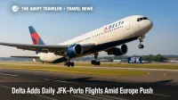 Delta 767-300ER departing JFK under clear skies, illustrating new daily JFK to Porto flights and expanded European routes.