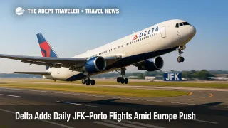 Delta 767-300ER departing JFK under clear skies, illustrating new daily JFK to Porto flights and expanded European routes.