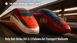 Two high-speed trains at an Italian station during an Italy rail strike, illustrating reduced service and traveler planning around guaranteed peak windows.