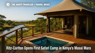 A treetop tented suite deck with plunge pool overlooking the Sand River at Ritz-Carlton Masai Mara, showcasing a luxury safari tented camp setting.