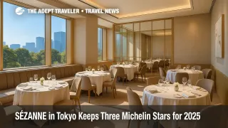 Elegant SÉZANNE dining room in Tokyo's Four Seasons, set for service, reflecting its three Michelin stars and appeal to fine-dining travelers.