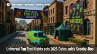 A colorful Universal Studios Hollywood backlot street dressed for the Scooby-Doo x Universal Monsters Universal Fan Fest Nights event, with tram rails leading toward set pieces.