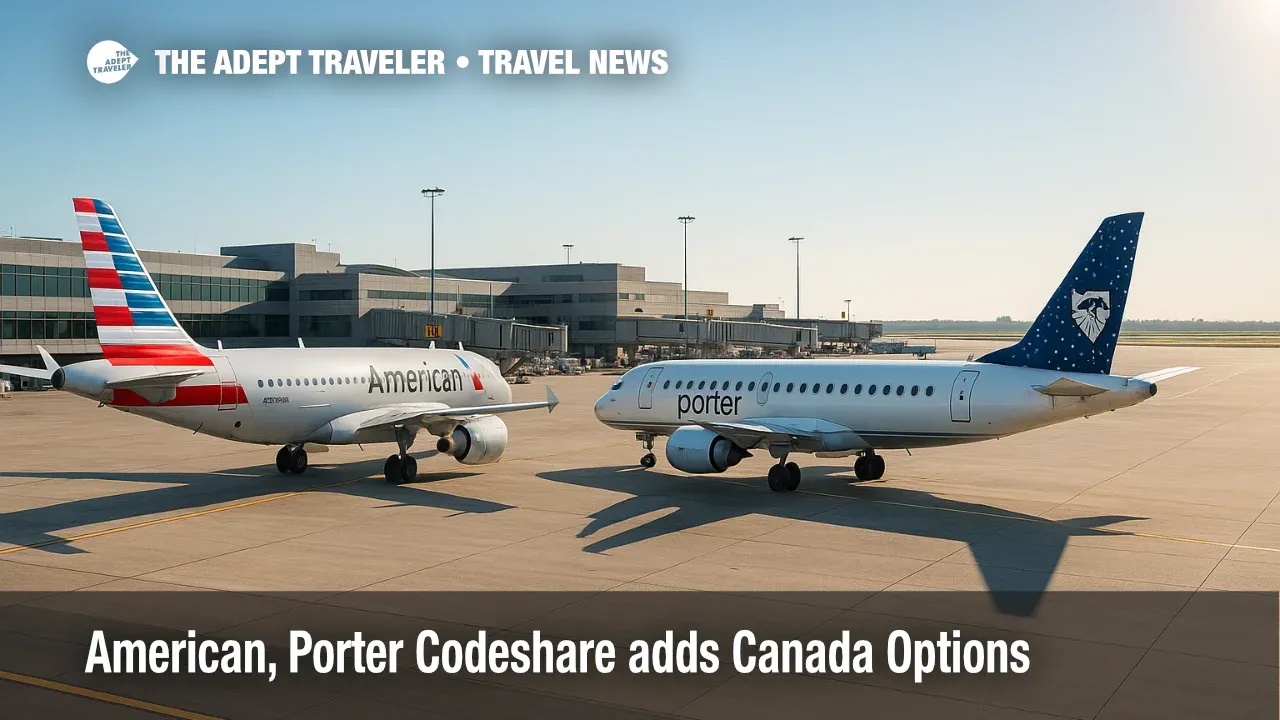 American and Porter aircraft at Toronto Pearson gates illustrate the American Airlines Porter codeshare, expanding codeshare flights and AAdvantage earning.