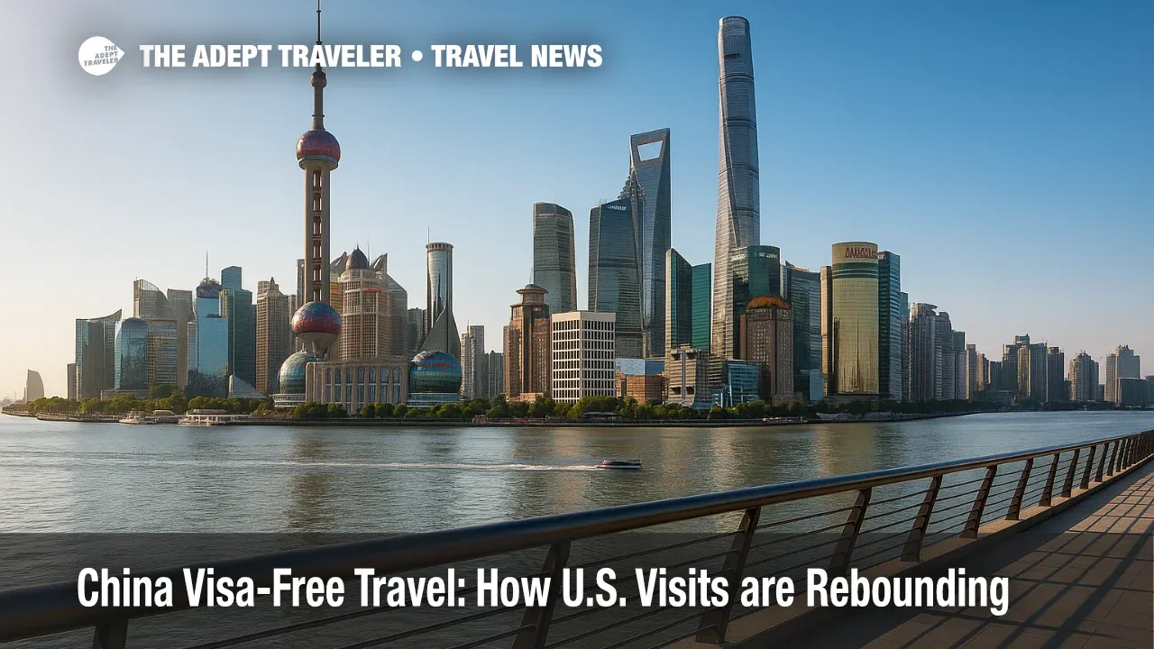 Travelers enjoy China visa-free travel with a panoramic view of Shanghai's Bund and Pudong skyline on a clear morning, suggesting easy multi-city planning.