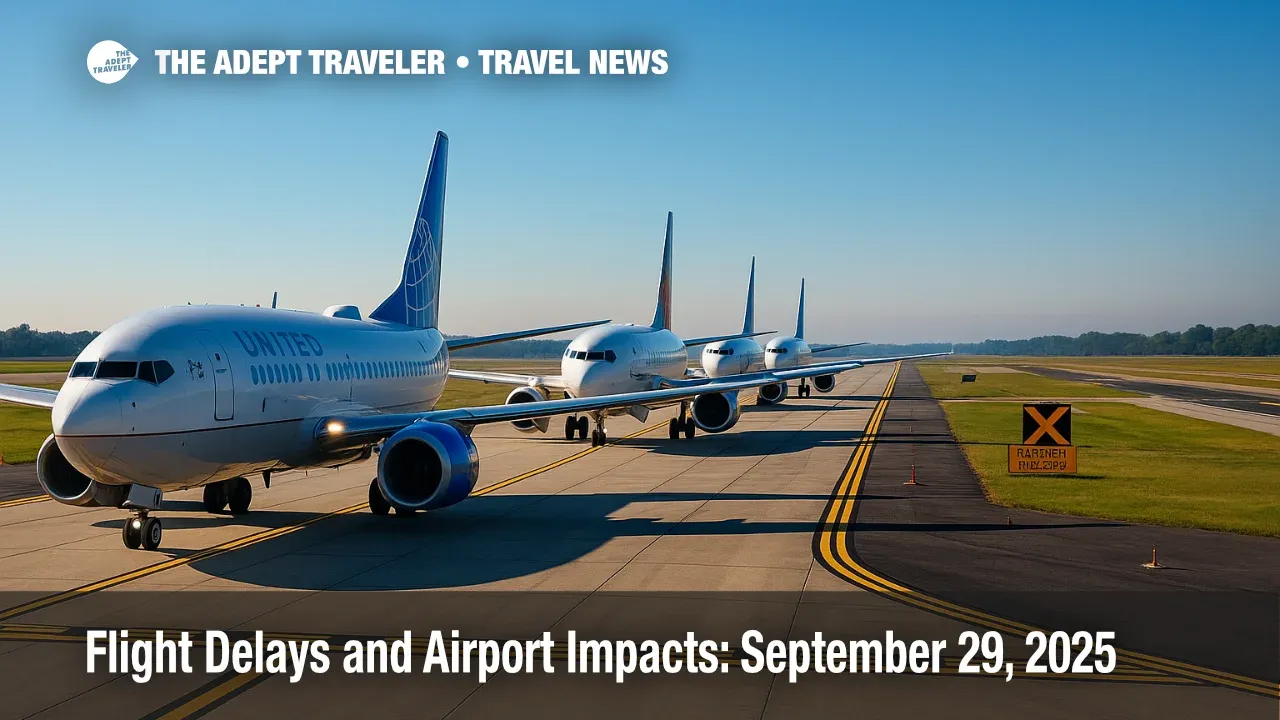 Line of passenger jets paused at a runway hold-short line, suggesting flight delays during airport impacts from weather and construction.