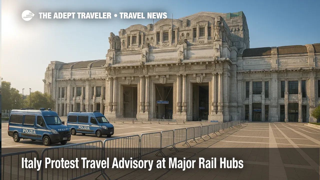 Milano Centrale forecourt with temporary barriers and police vans suggesting rail disruptions during an Italy protest travel advisory.