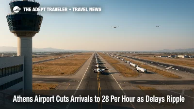 A lineup of jets waits at a taxiway hold short line at Athens International Airport, illustrating air traffic controller limits and Athens Airport delays.