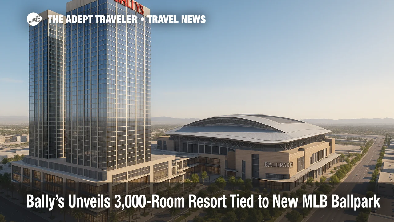 Aerial rendering shows Bally's Las Vegas resort with two hotel towers linked to the future MLB ballpark, highlighting the integrated campus and retail spine.