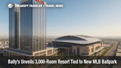 Aerial rendering shows Bally's Las Vegas resort with two hotel towers linked to the future MLB ballpark, highlighting the integrated campus and retail spine.