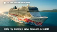 Norwegian Joy under sunny Caribbean skies promoting the Bobby Flay cruise, a five-night culinary cruise with top chefs and festival-style programming.