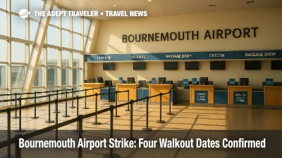Passengers queue at Bournemouth Airport check-in during an airport staff strike, showing stanchions and closed desks amid travel disruption.