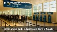 Long lines in a Canadian airport arrivals hall near self-service border e-gates during a Canada arrivals kiosks outage, showing slowed international processing.