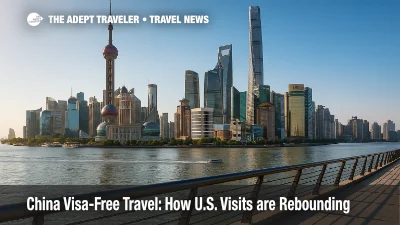 Travelers enjoy China visa-free travel with a panoramic view of Shanghai's Bund and Pudong skyline on a clear morning, suggesting easy multi-city planning.