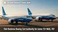 Two Boeing jets, a 737 MAX and a 787 Dreamliner, on a factory flight line under clear skies, illustrating FAA airworthiness certificates.