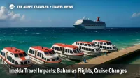 Small tenders ride choppy seas near a Bahamas pier as a cruise ship waits offshore, illustrating Imelda travel impacts and limited tender operations.