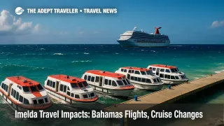 Small tenders ride choppy seas near a Bahamas pier as a cruise ship waits offshore, illustrating Imelda travel impacts and limited tender operations.