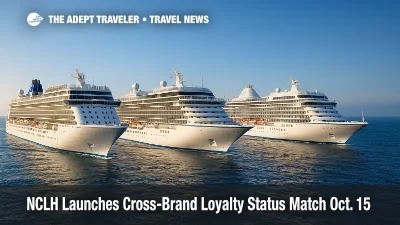 Three sister-brand cruise ships berthed side by side, illustrating NCLH loyalty status match across Norwegian, Oceania, and Regent.