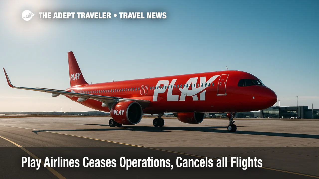 A grounded PLAY Airlines jet at Keflavík Airport, highlighting airline shutdown impacts, rescue fares, and EU passenger rights for stranded travelers.