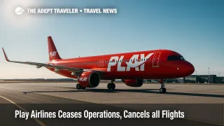 A grounded PLAY Airlines jet at Keflavík Airport, highlighting airline shutdown impacts, rescue fares, and EU passenger rights for stranded travelers.