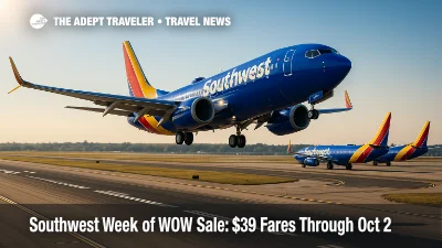 Southwest 737s queue for takeoff under clear skies, illustrating the Week of WOW sale with budget-friendly flight deals and assigned seating timing.