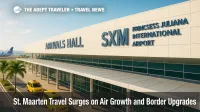 Princess Juliana International Airport arrivals hall with taxis and palm trees, illustrating faster processing and new St. Maarten travel routes.