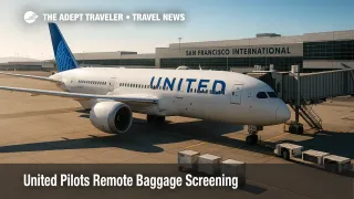 United 787 at a San Francisco International Airport gate with baggage carts nearby, illustrating faster connections via international remote baggage screening.
