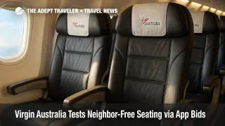 A Virgin Australia 737 economy row with an empty middle seat highlights the neighbor-free seating option for extra personal space.