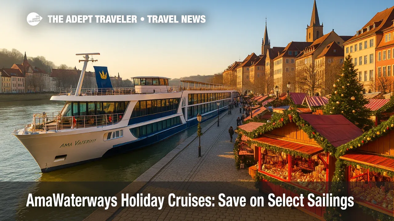 An AmaWaterways ship moored beside a festive European Christmas market, highlighting Christmas markets cruises and New Year's river sailings.